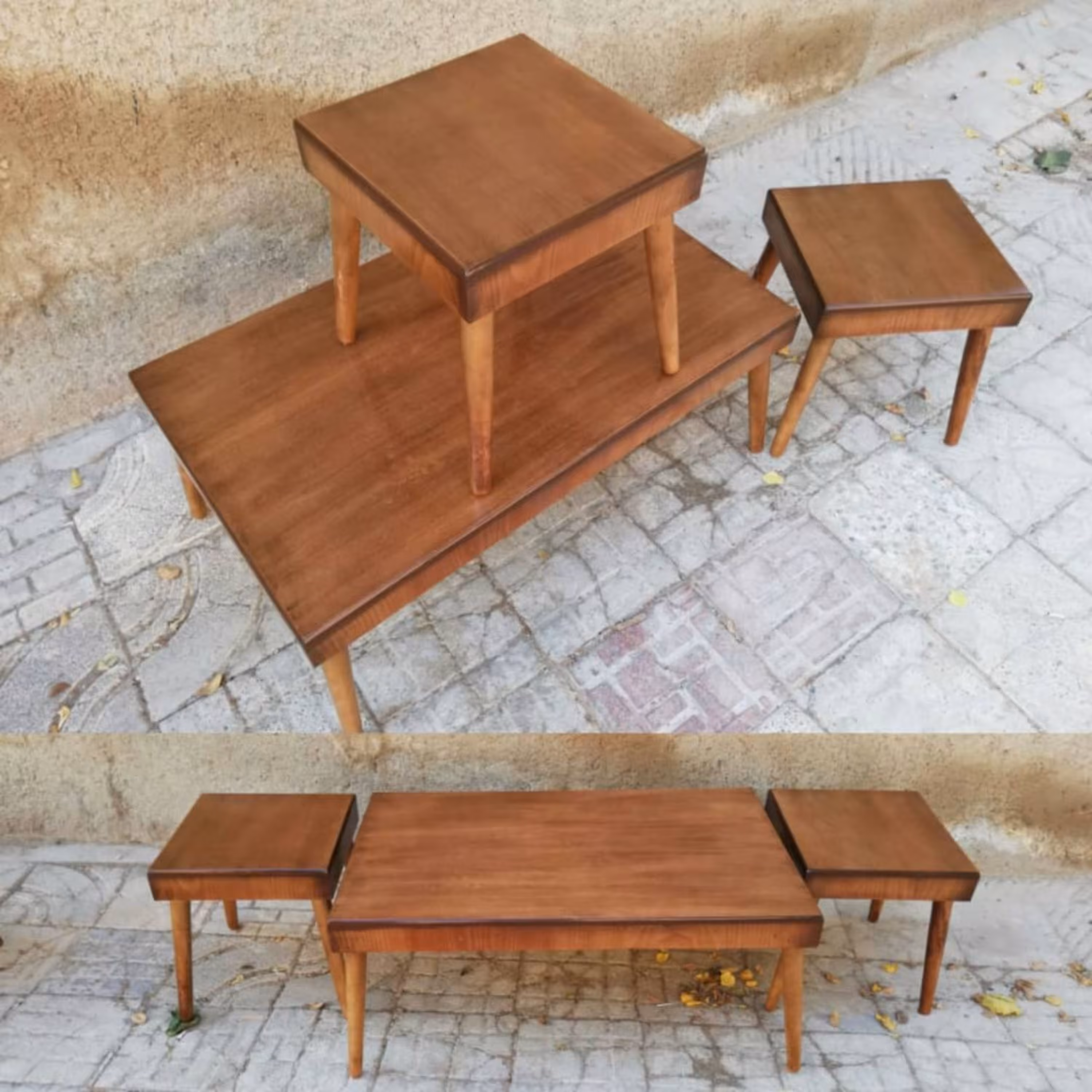 میز جلو مبلی و عسلی مدل چوگان سه تیکه روکش چوب راش