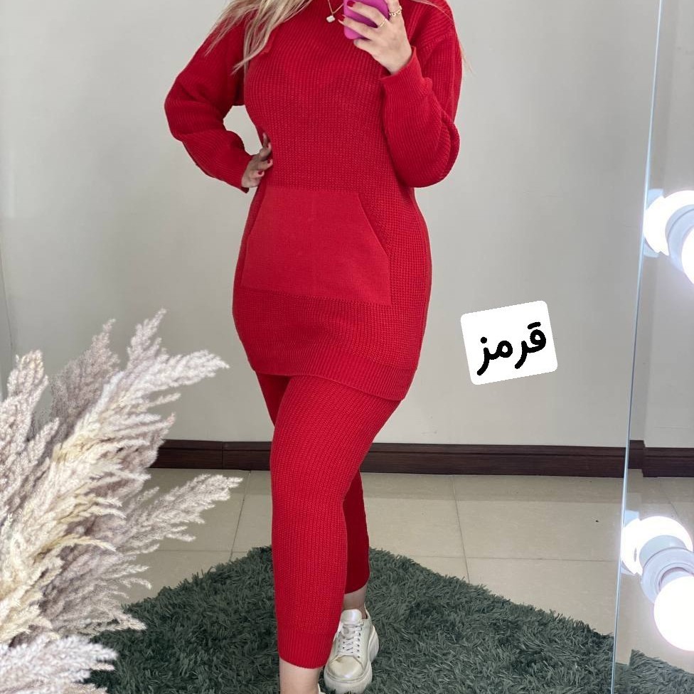 هودی و شلوار زنانه بافت قرمز یلدایی فری سایز