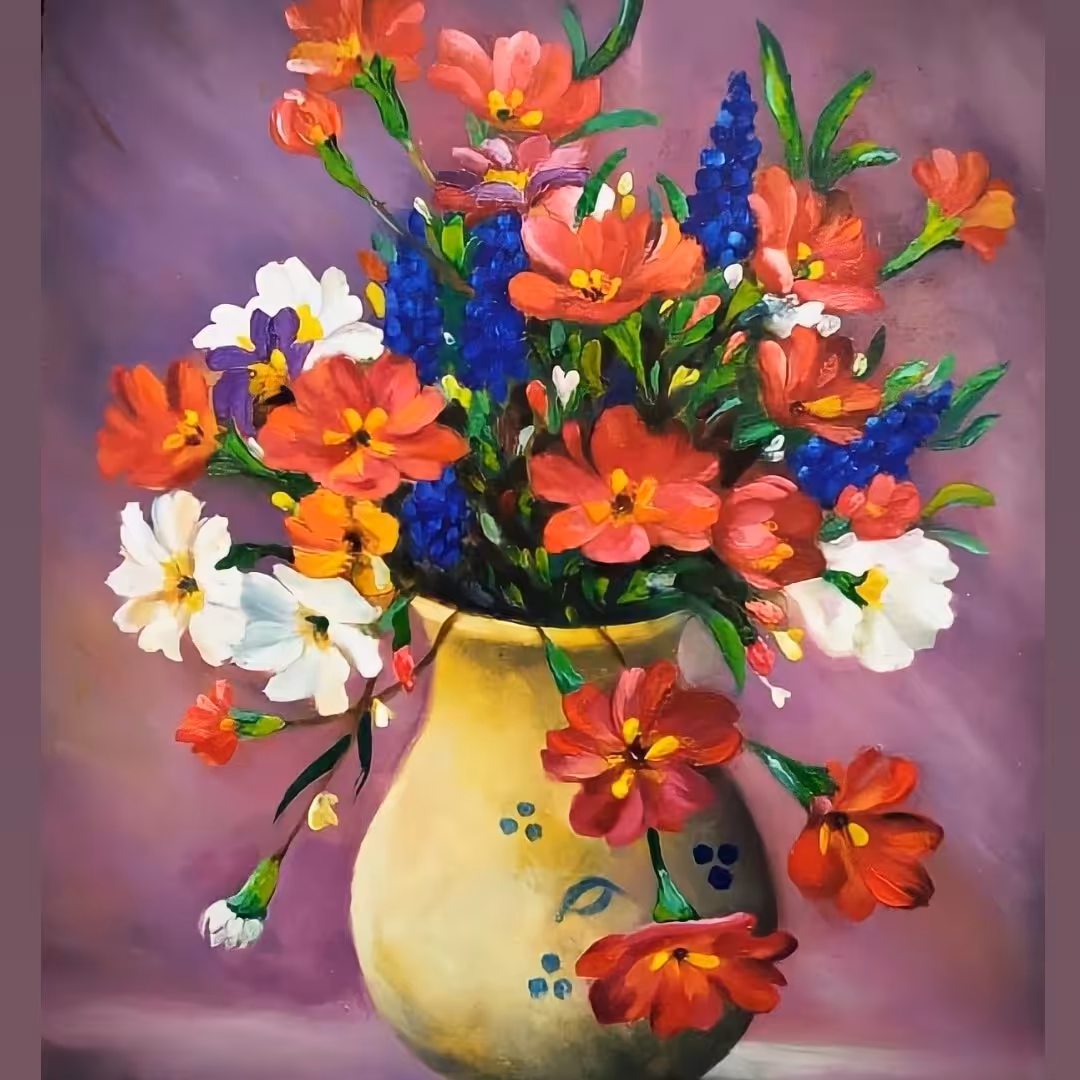 نقاشی رنگ روغن گلدان گل