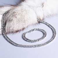 نیم ست گردنبند و دستبند استیل کارتیر دوبل تراش دار نقره ای مخصوص خانم ها و آقایان عرض 8 میلیمتر