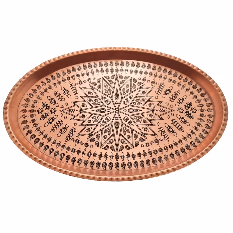 سینی مسی سایز 5 طرح بیضی زنجان در دو رنگ مسی و نقره ای