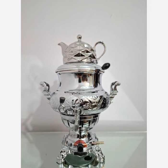 سماور گازی سه کاره عدسی قلم 6 لیتر بدنه برنجی با قوری بدون تنوره (بدنه طرح دار)