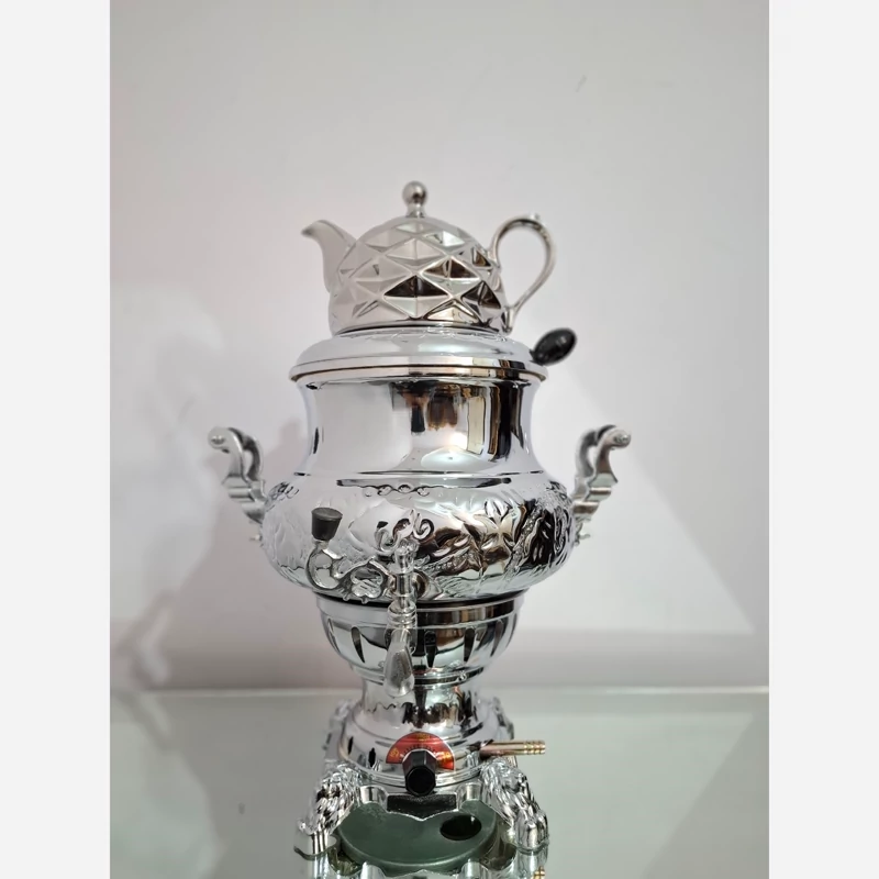 سماور گازی سه کاره عدسی قلم 6 لیتر بدنه برنجی با قوری بدون تنوره (بدنه طرح دار)