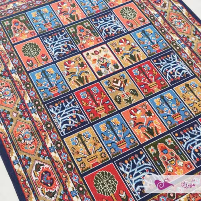 گلیم ماشینی 9 متری نقشه خشتی سرمه ای