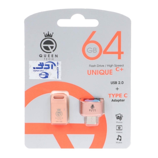 فلش مموری کوئین تک مدل UNIQUE C-PLUS ظرفیت 64 گیگابایت به همراه مبدل USB2.0 Type C