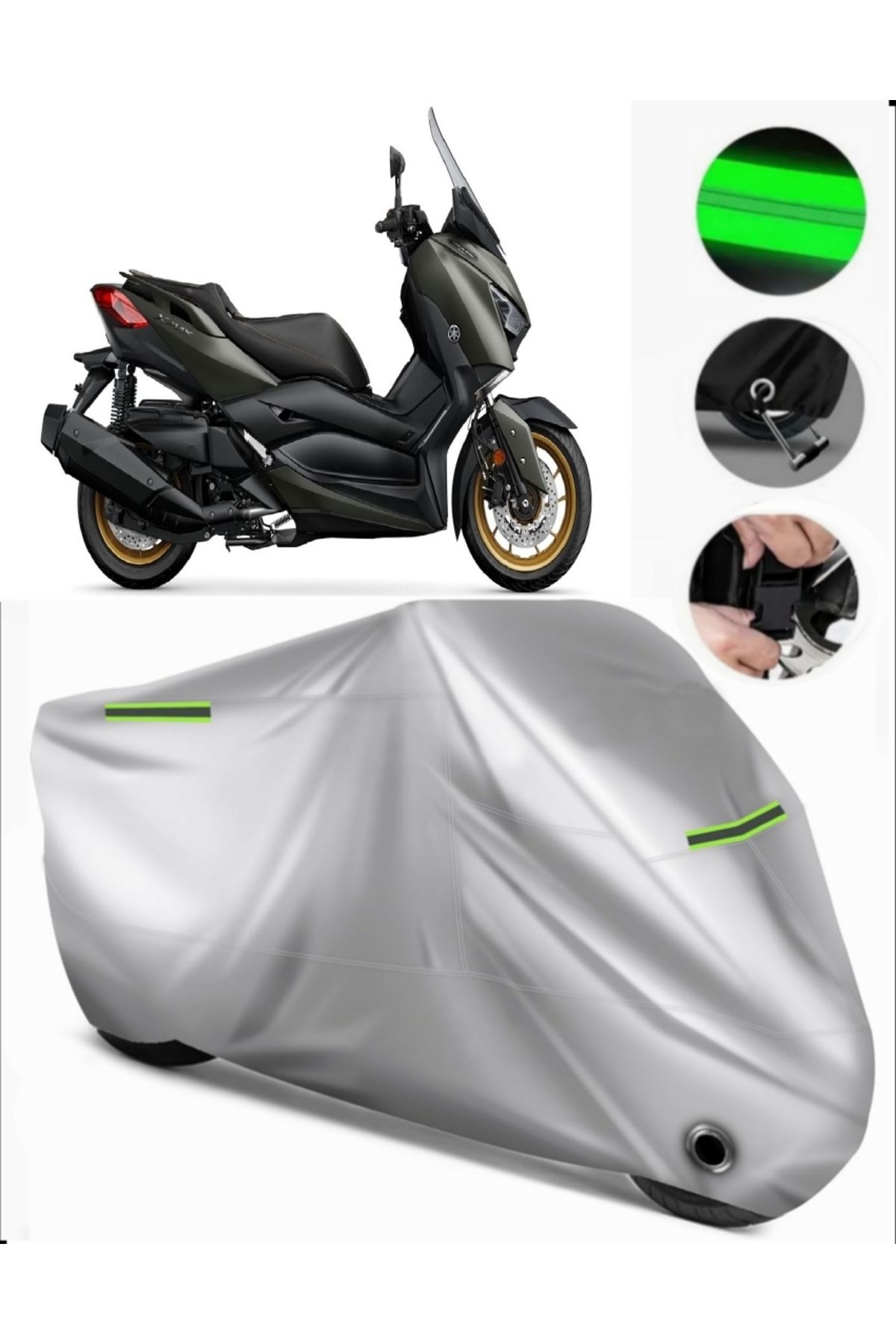 چادر موتورسیکلت خاکستری YAMAHA X MAX 400 TECH سازگار با موتور سیکلت TARKET PREMIUM قفل GRI MotoEn