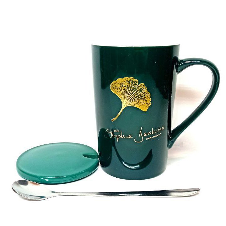 ماگ سرامیکی درب دار همراه قاشق سایز بزرگ
