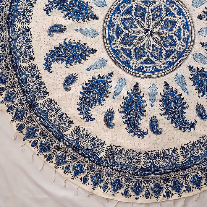 رومیزی گرد 150 آبی طرح گل لاله قلمکار اصفهان