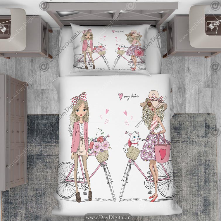 روتختی طرح دختران فشن مو بلند با دوچرخه هایشان در زمینه سفید PK-2807a