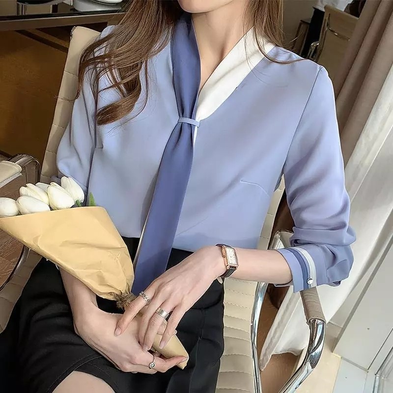 شومیز کراواتی وارداتی رنگ جین روشن و نسکافه ای