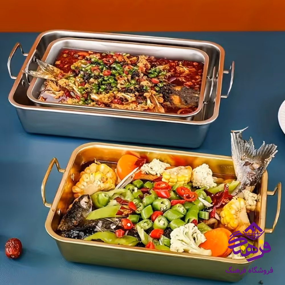 ظرف سرو دسته دار مستطيل طلايي 84