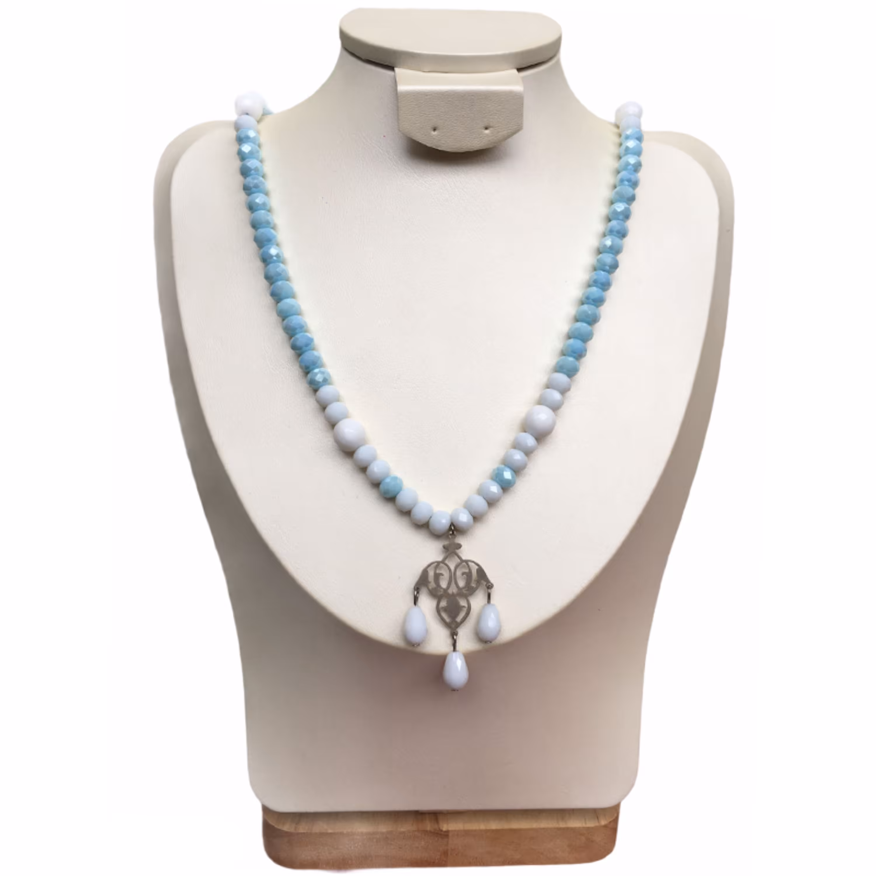 گردنبند نقره زنانه مدل ابرک تلفیقی از سنگ های عقیق و کریستال با رنگ های سفید و آبی