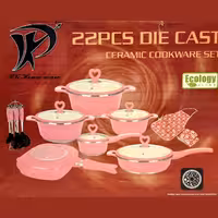 سرویس قابلمه 22 پارچه جنس داخل سرامیک دستگیره سیلیکونی طرح قلب رنگ صورتی