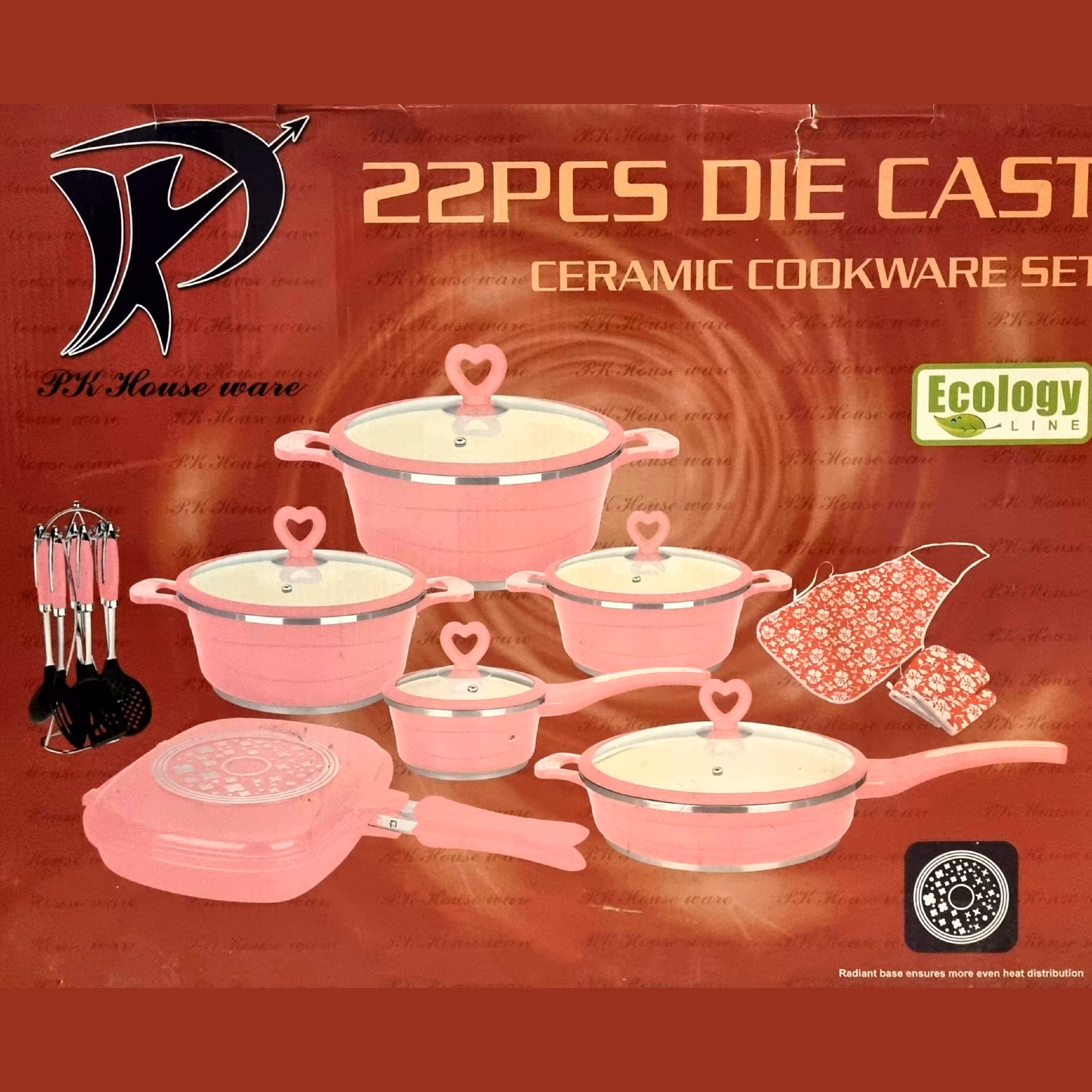 سرویس قابلمه 22 پارچه جنس داخل سرامیک دستگیره سیلیکونی طرح قلب رنگ صورتی