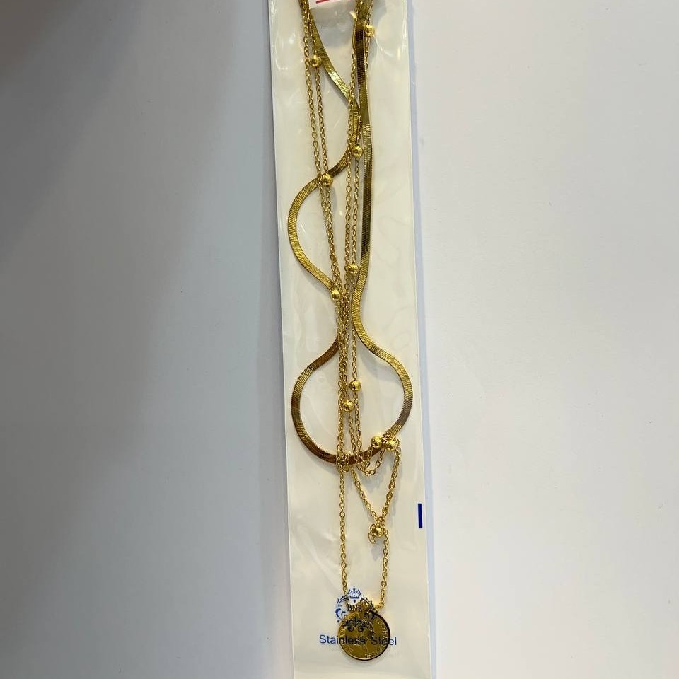گردنبند چند  لاین استیل با زنجیر گوی ، با آبکاری طلا ، ضد حساسیت و ضد آب ، کیفیت عالی و رنگ ثابت تضمینی 