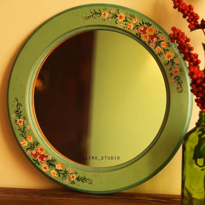 قاب آینه نقاشی شده با دست،جنس چوب،قابل تمیز شدن،نصب روی دیوار و کنسول