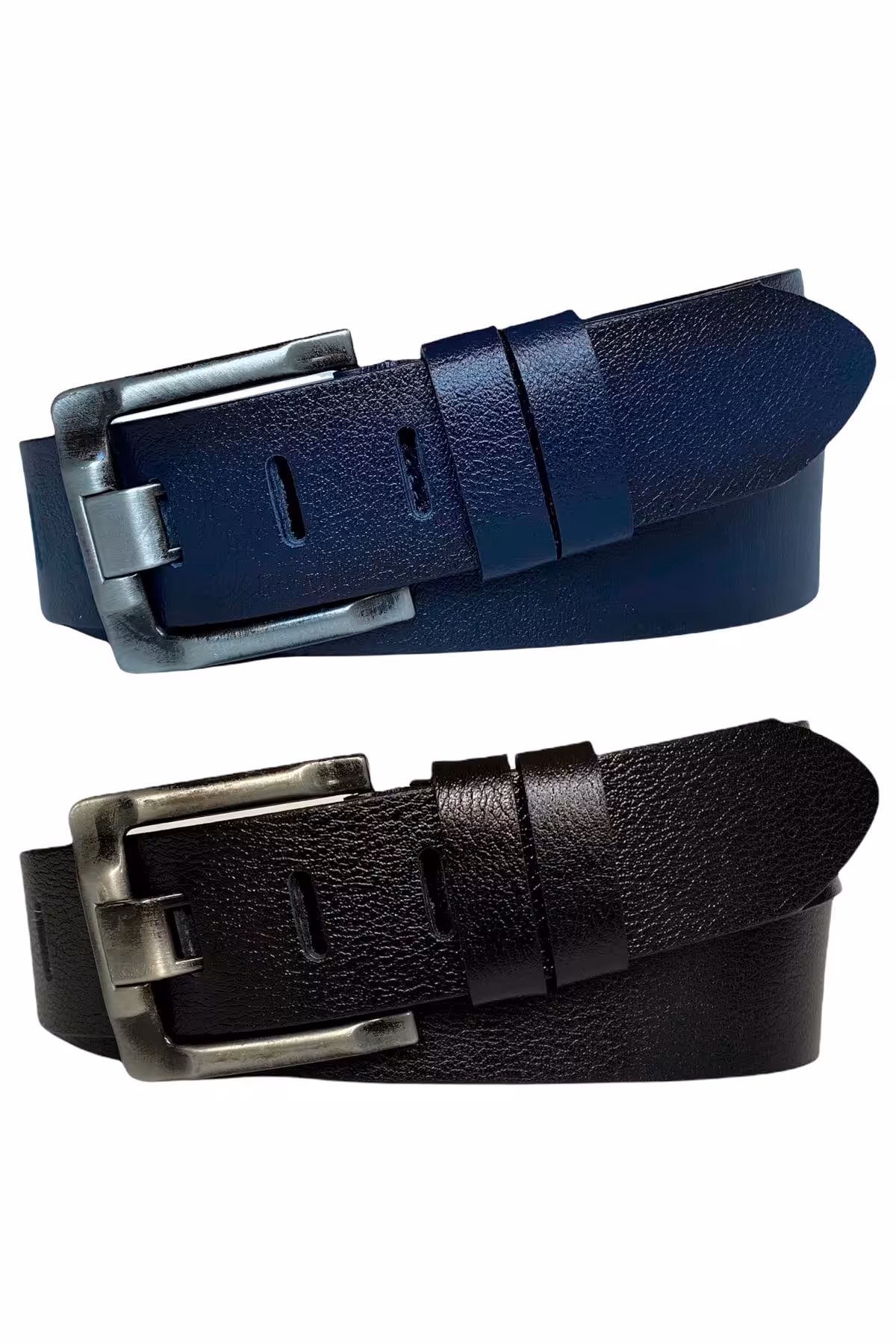 کمربند مشکی مردانه و زنانه ست 100% چرم اصل 2 زبانه پهن آبی سرمه ای 4.5 سانتی متر جین ورزشی GoDeri