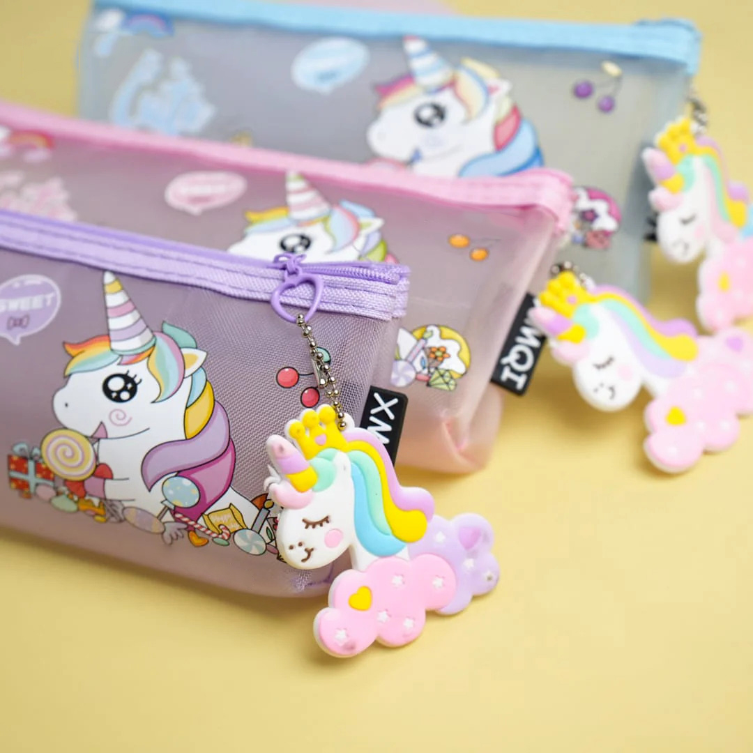 جامدادی توری تک زيپ طرح یونیکورن آویزدار