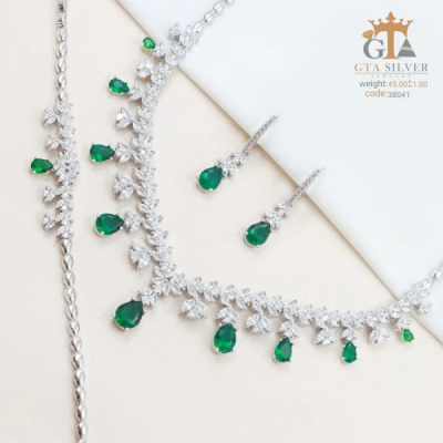 سرویس نقره قالب ایتالیایی با نگین مارکیز و سنگ زمرد اشک کد 38041