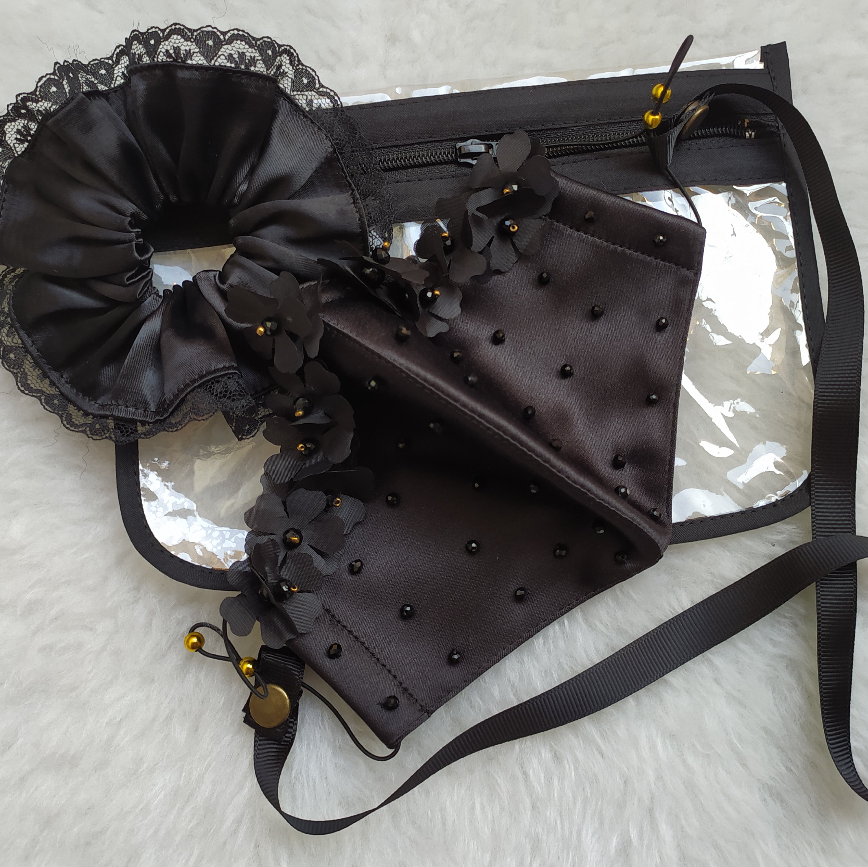 ست ماسک مجلسی مشکی کار شده، کیف ، ماسک کش مو