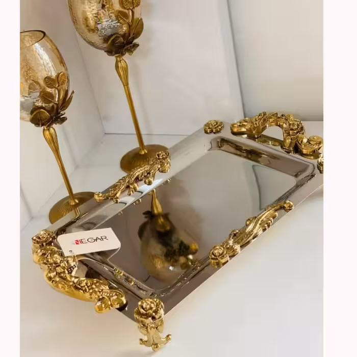 سینی نگار استیل دسته طلایی استیل خالص آهن ربا نگیر با 10سال ضمانت جفت کوچک و بزرگ