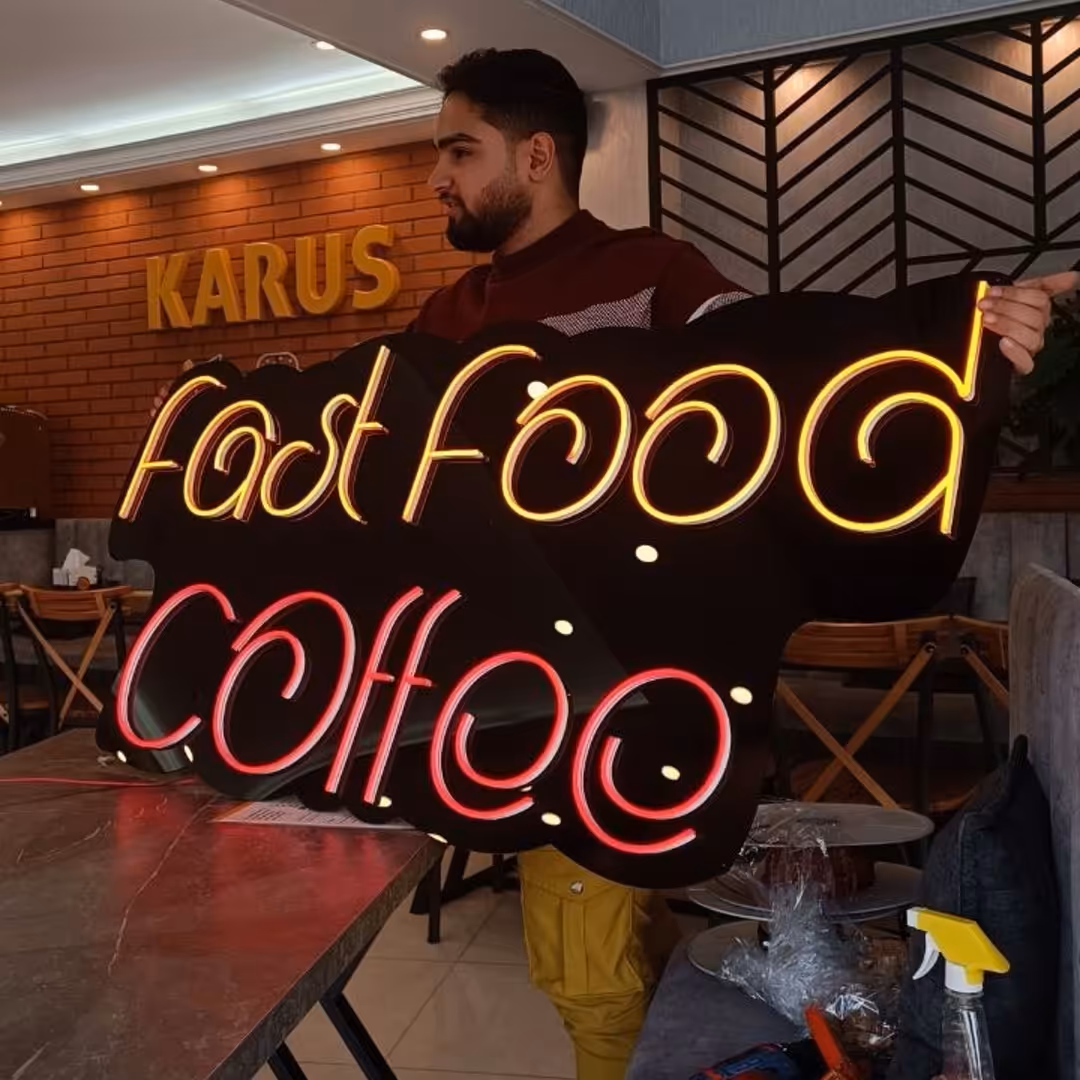 تابلو نئون طرح  fast food coffee ابعاد 180 در 50 سانت 2سال ضمانت 