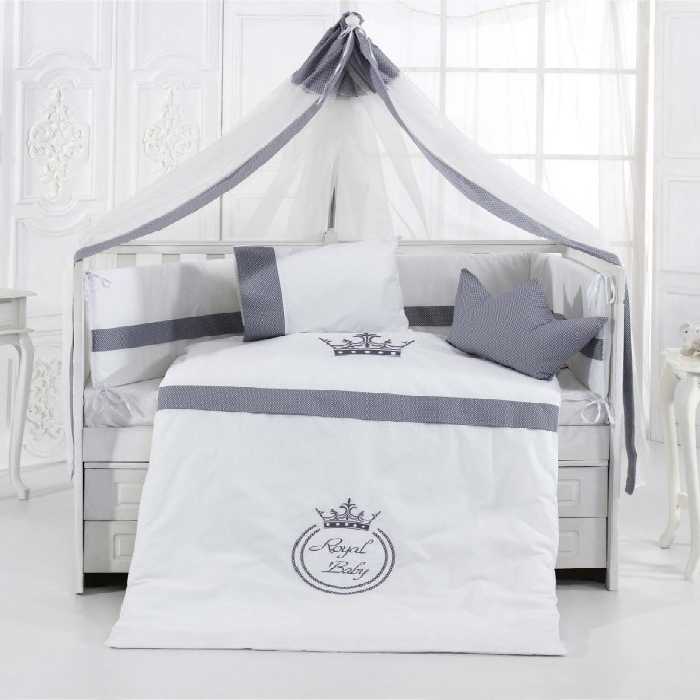 سرویس خواب نوزادی مام شاپ اصل ترکیه 9 تکه با گارد و تاج محافظ تخت و سایز 80*130 طرح تاج سفید طوسی  momi shop