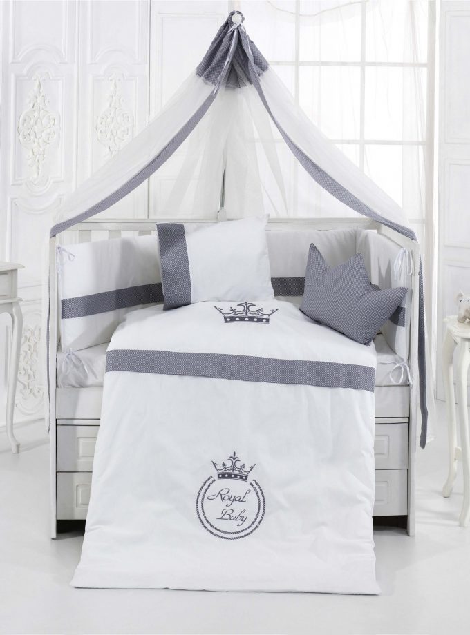 سرویس خواب نوزادی مام شاپ اصل ترکیه 9 تکه با گارد و تاج محافظ تخت و سایز 80*130 طرح تاج سفید طوسی  momi shop