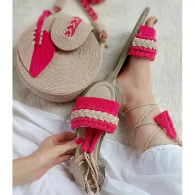 صندل و کیف دخترانه صورتی  مکرومه بافی(ساحل مکرومه) سایزبندی37تا40