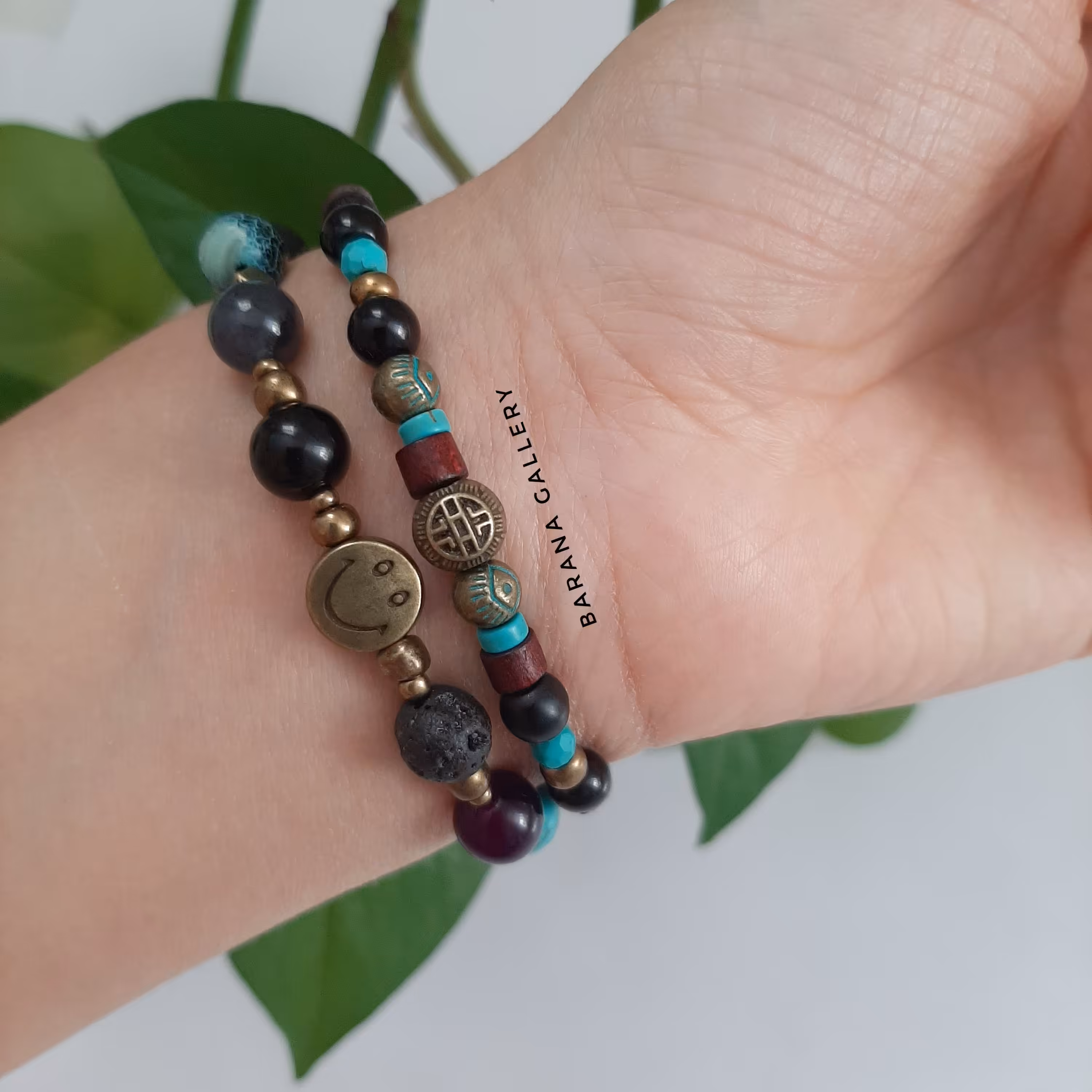 یک جفت دستبند سنگ فیروزه اونیکس لبخند