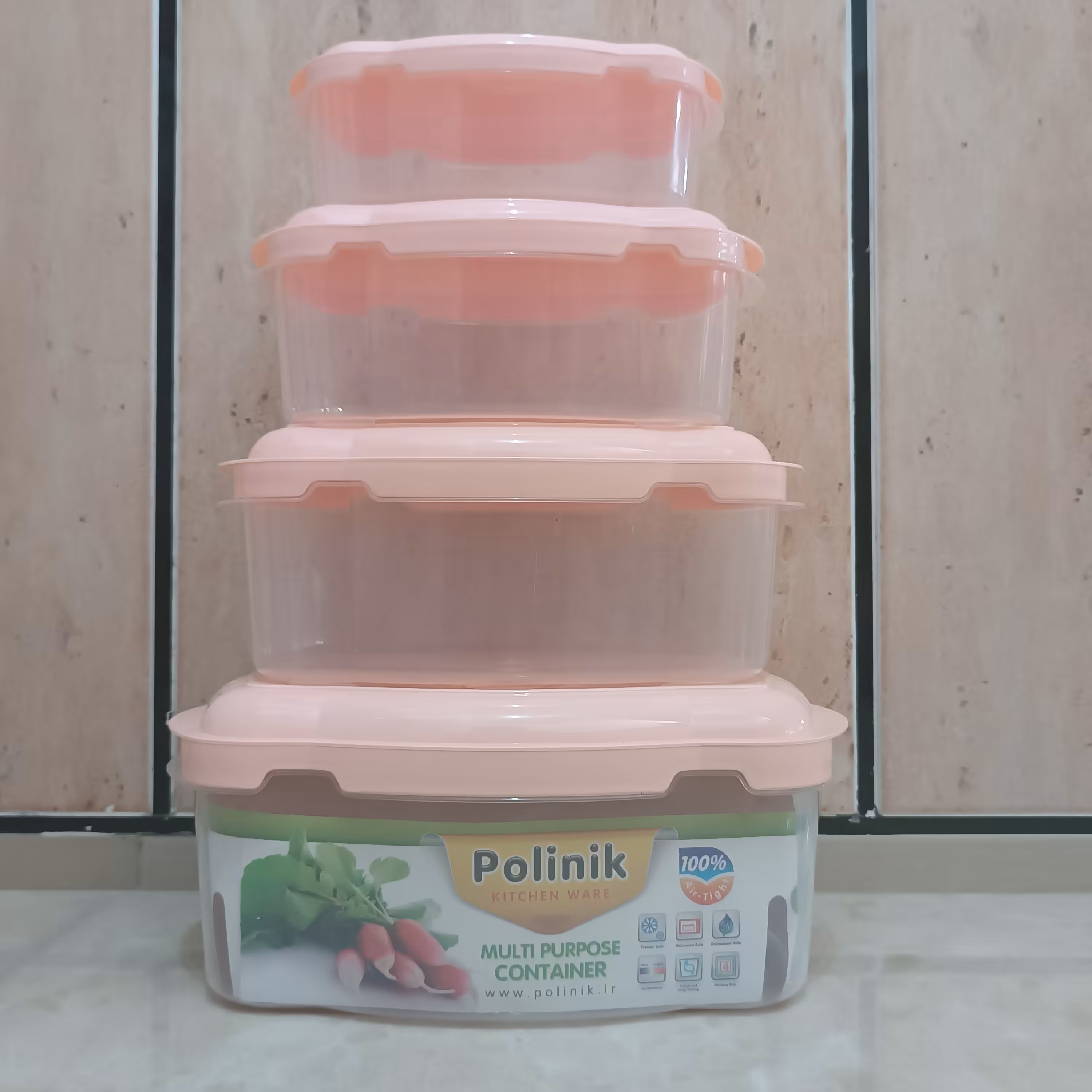 سرویس فریزری چهار عددی هشت پارچه سوپاپ دار  شفاف، رنگ صورتی پاستیلی