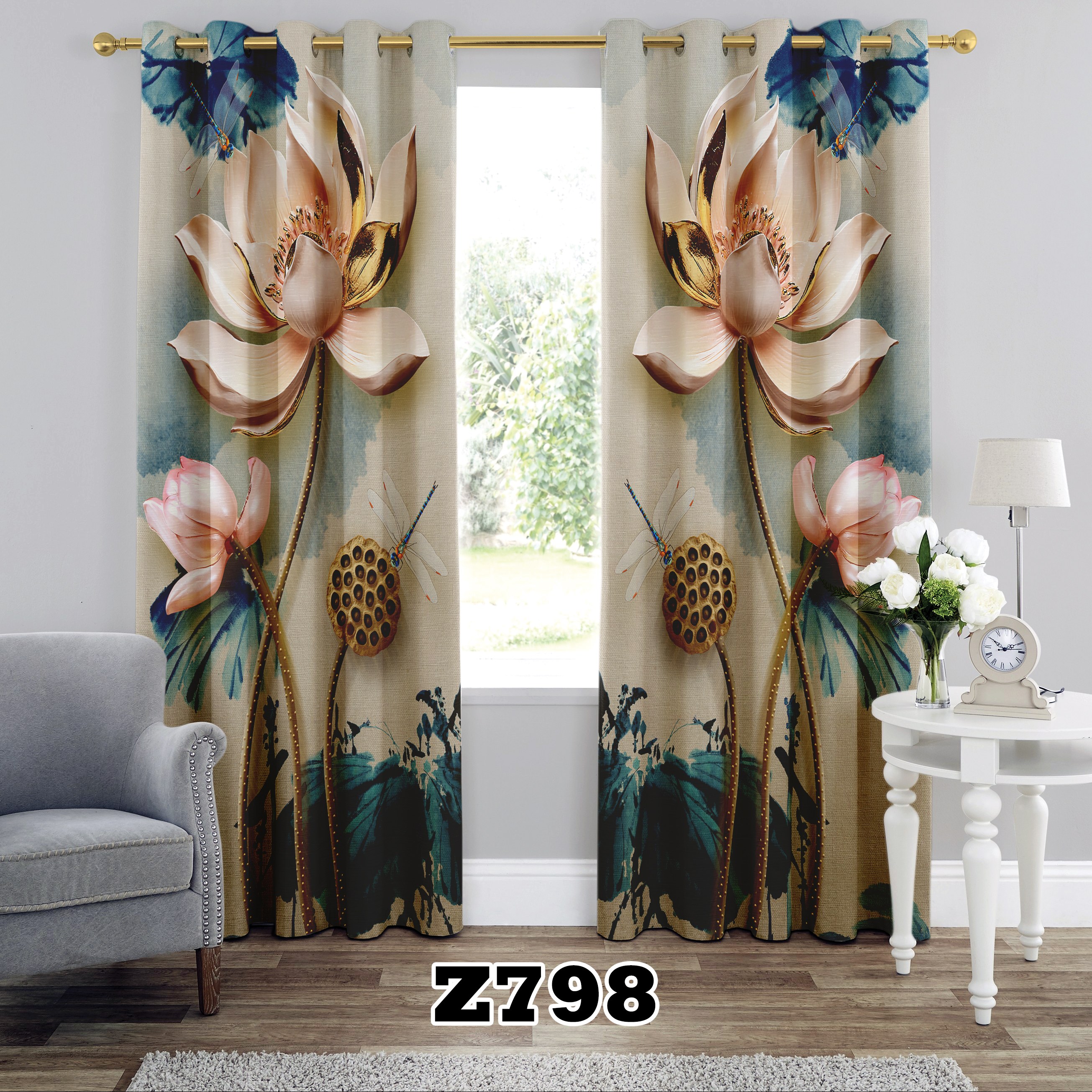 پرده چاپی پانچی طرح گل کد Z798 تک قواره ارتفاع 300 عرض 140 سانت