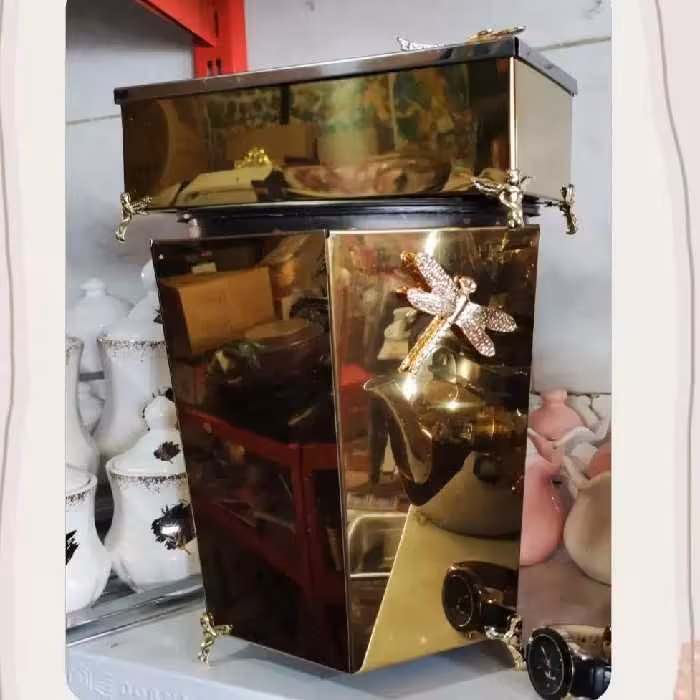 سطل و جا دستمال پذیرایی طلایی هشت ضلعی طرح سنجاقک بسیار شیک