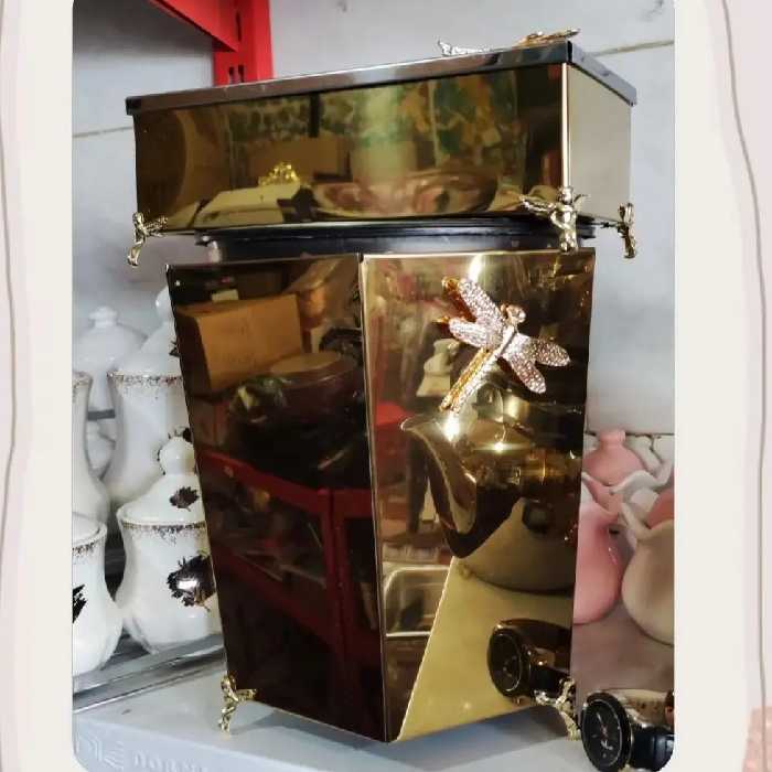 سطل و جا دستمال پذیرایی طلایی هشت ضلعی طرح سنجاقک بسیار شیک