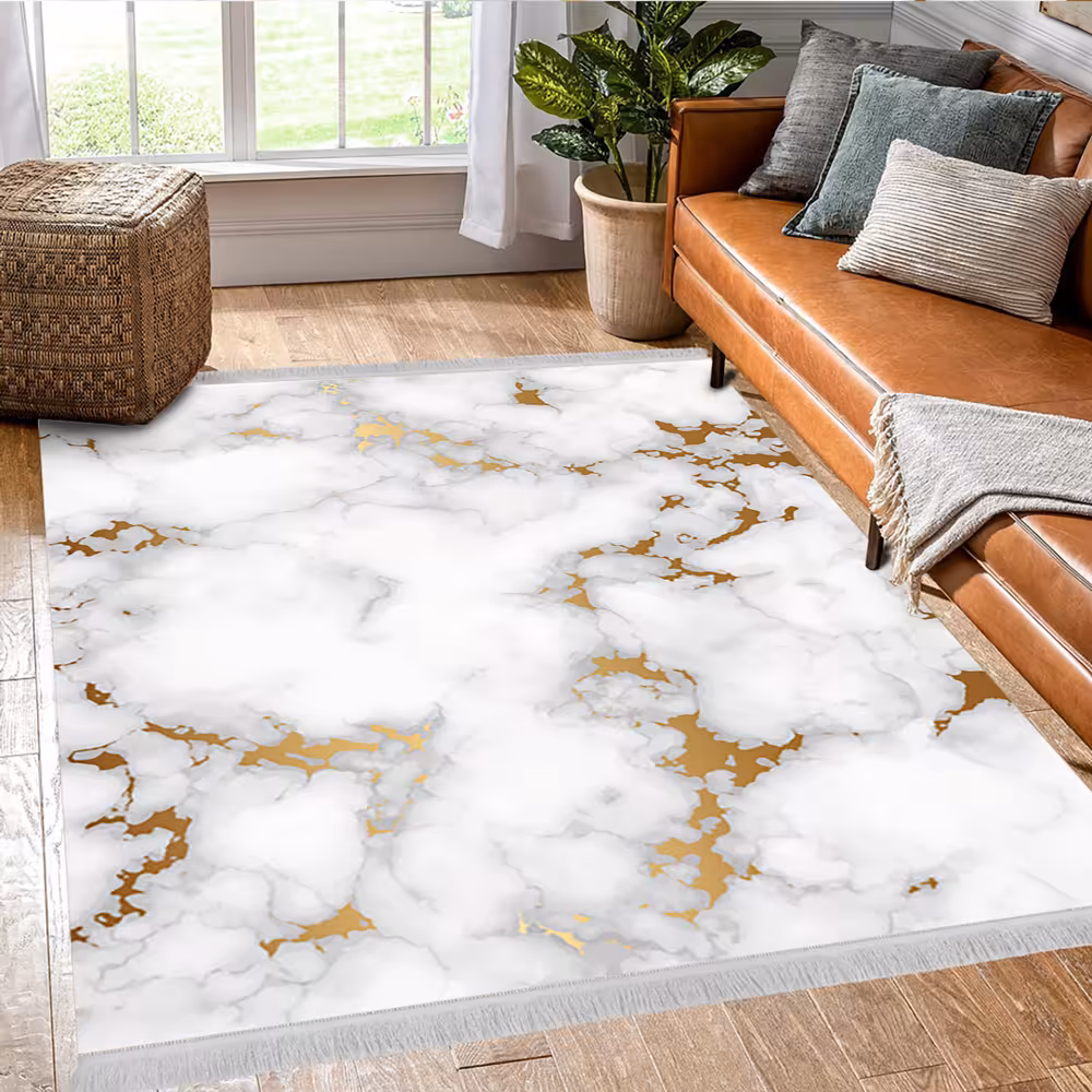 فرش سه بعدی فانتزی طرح سنگ اسلب سفید طلایی BA-7421