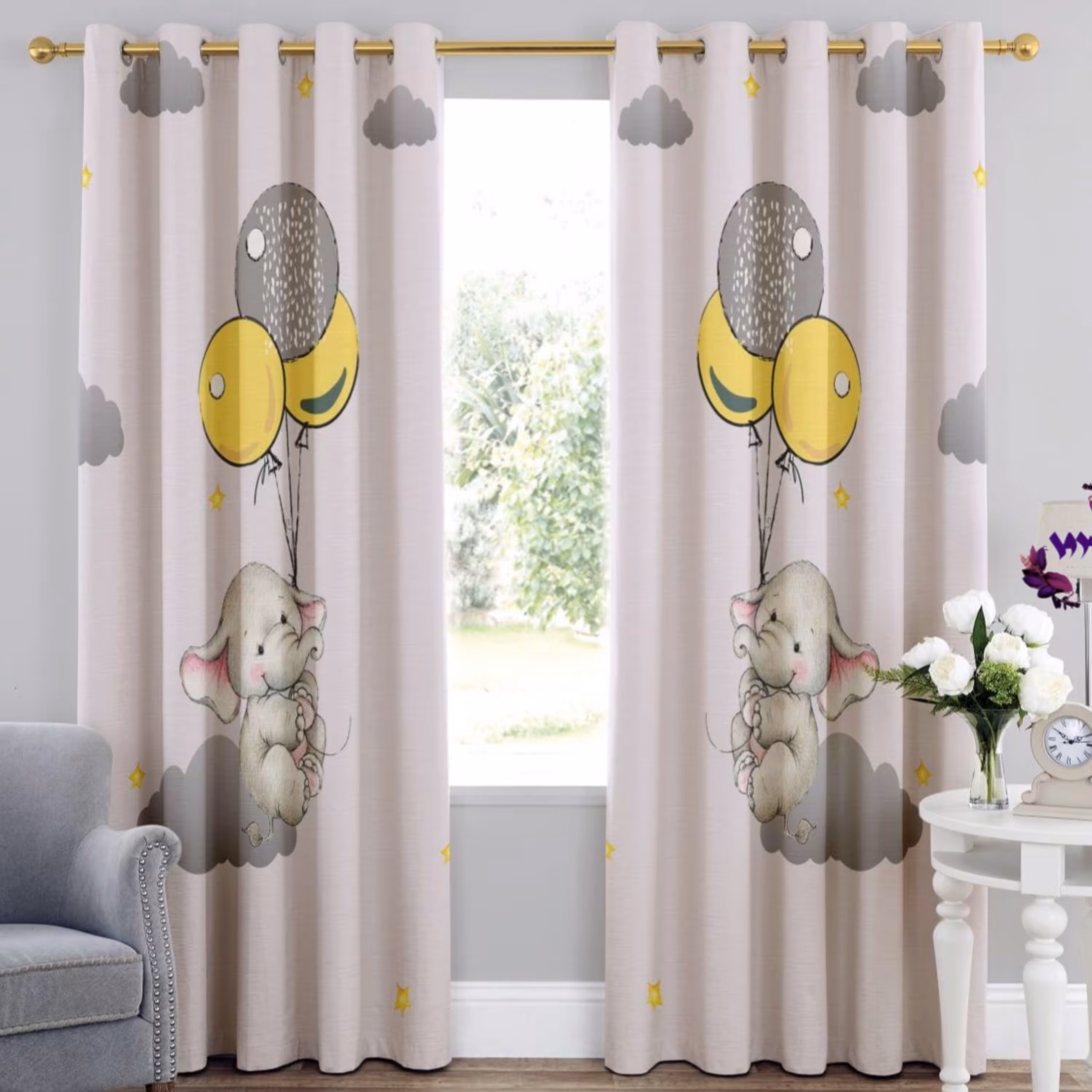 پرده اتاق کودک طرح فیل بادکنکی بروا گالری با کیفیت و دوخت بسیار عالی