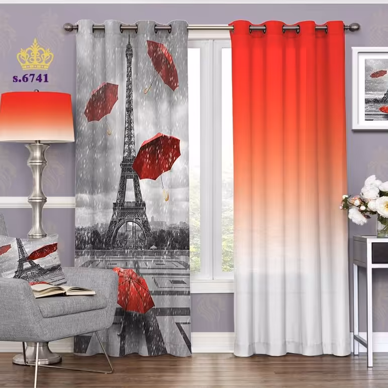 پرده پذیرایی دو قواره پانچ منظره طرح روز بارانی برج ایفل زمینه رنگی کد S6741