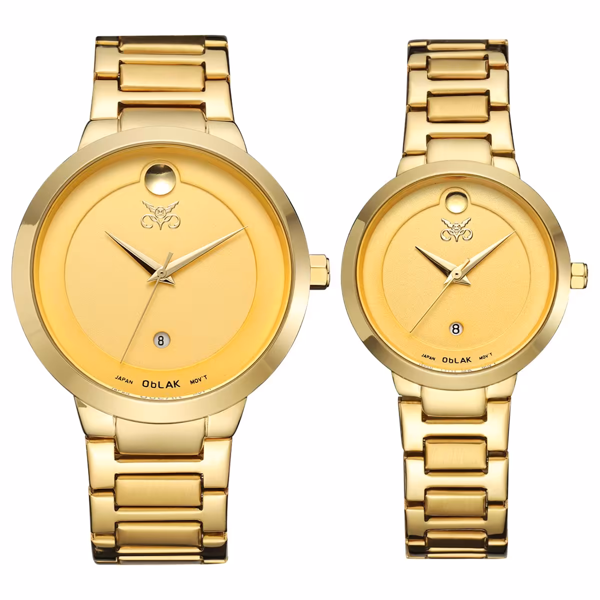 ست ساعت مچی زنانه و مردانه اوبلاک مدل 72694 تقویم دار  رنگ طلایی صفحه زرد 