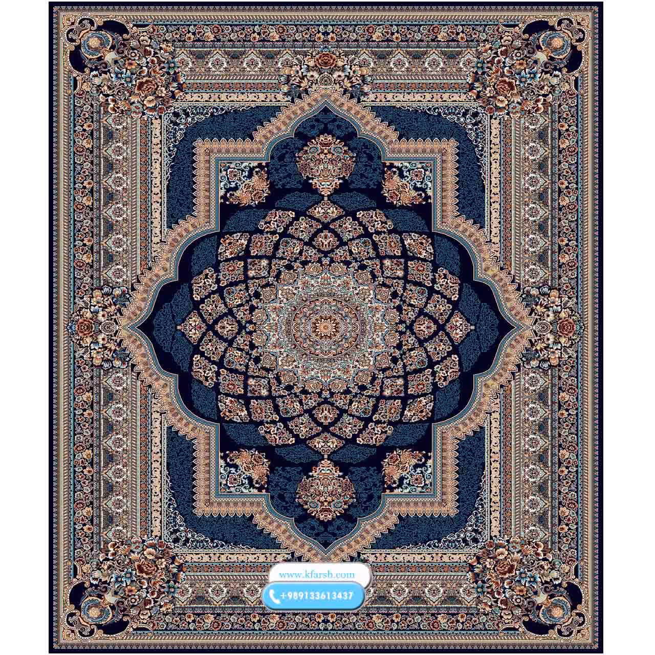 فرش 500 شانه طرح گل آفتاب سرمه ای
