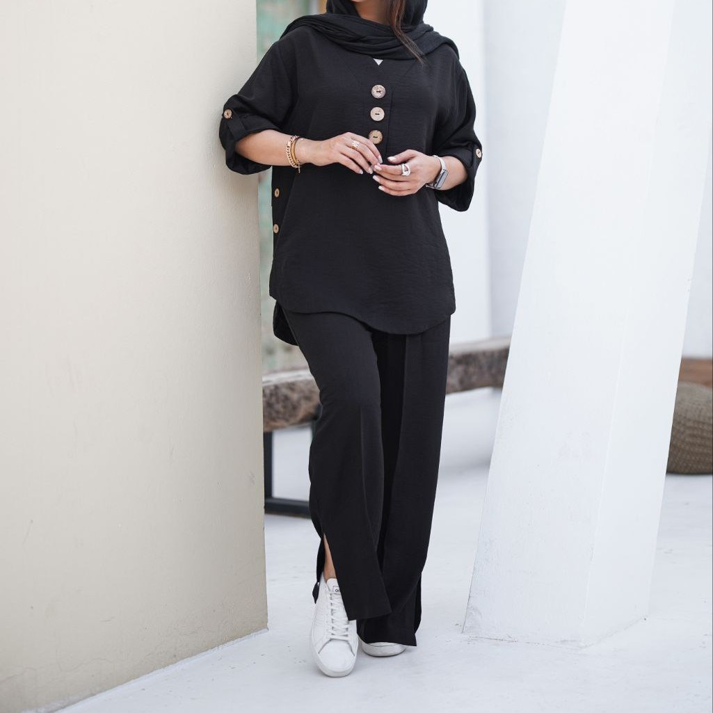 مانتو شلوار بغل دگمه چوبی سایز 36تا 44 قد 78 و شلوار 105 