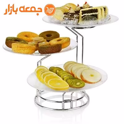 دیس پایه دار میوه و شیرینی سه طبقه