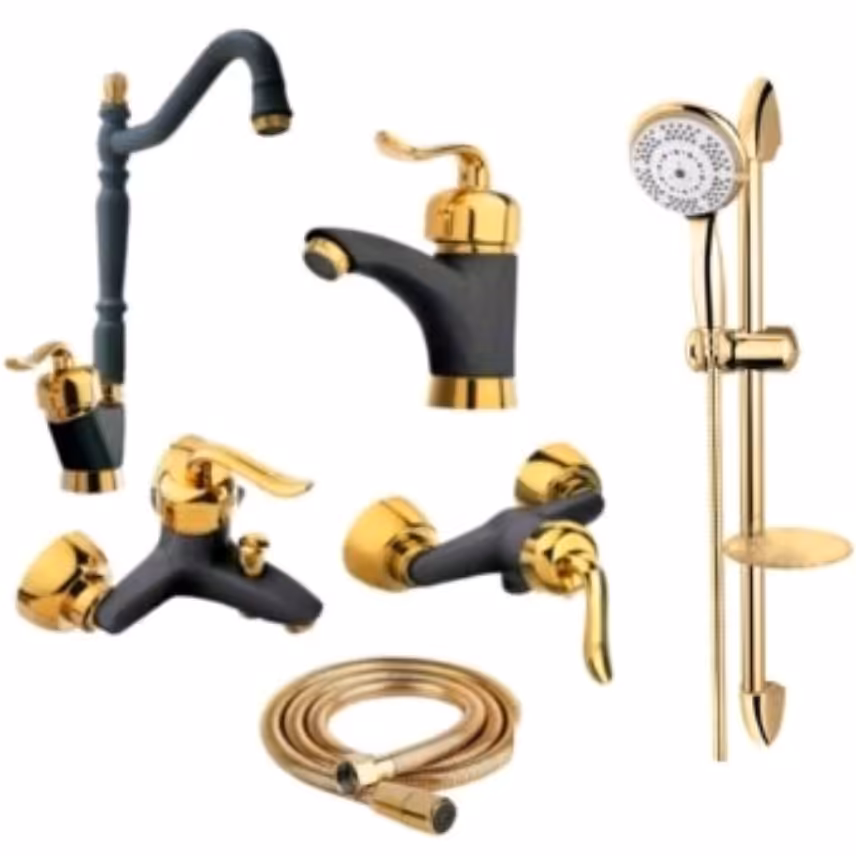 ست 6 تایی شیرآلات قاجاری مشکی طلایی با علم دوش تک کاره و شیلنگ توالت