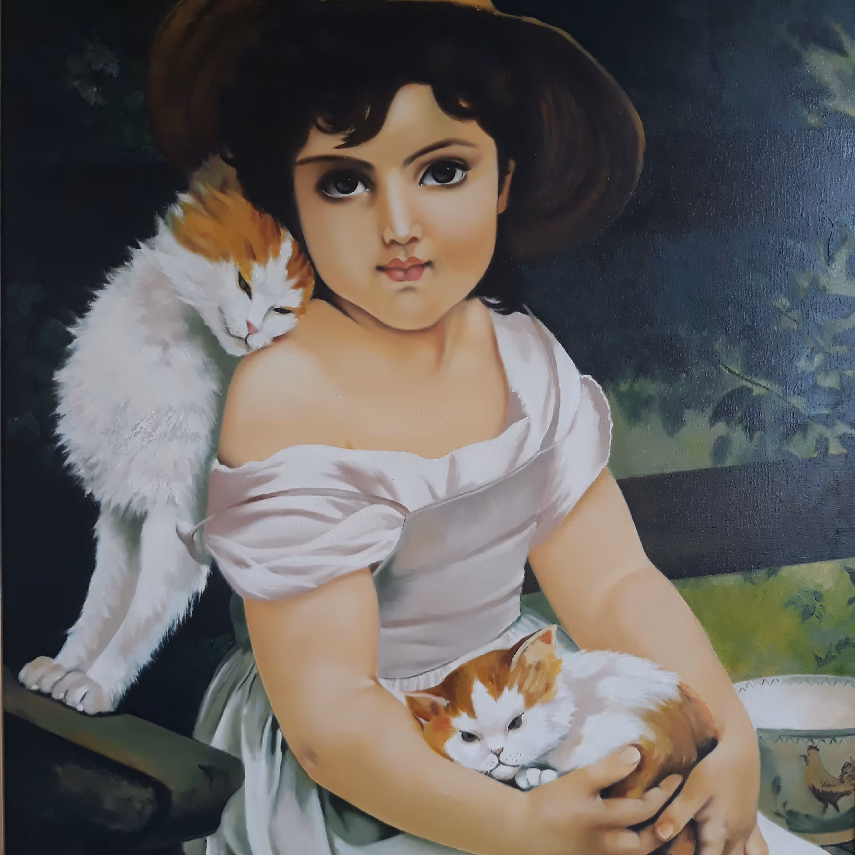 تابلوی رنگ و روغن چهره دختربچه با گربه