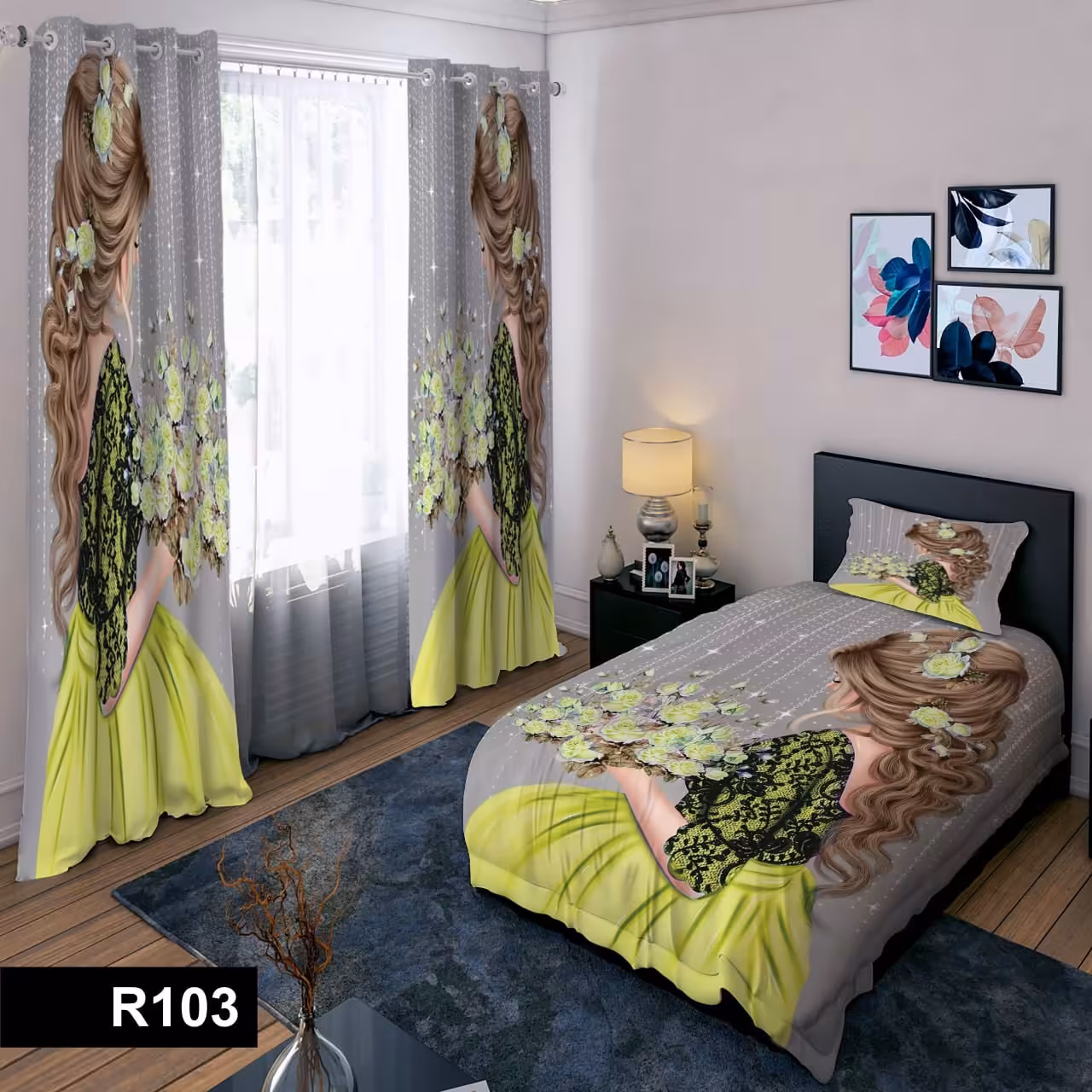 رو تختی یک نفره سه بعدی طرح دختر موبلند 