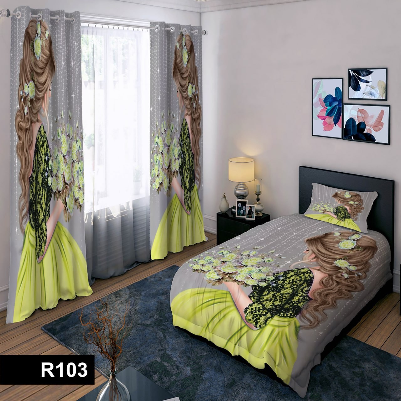 رو تختی یک نفره سه بعدی طرح دختر موبلند 