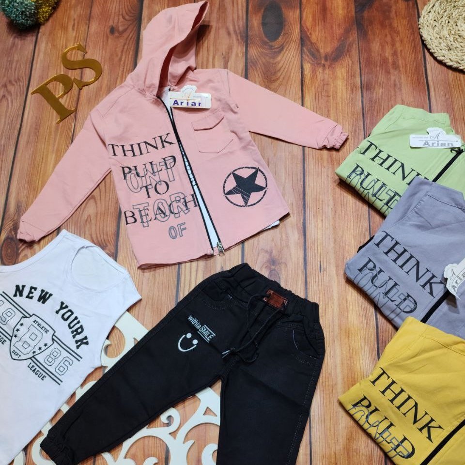 ست3تیکه اسپرت دخترانه پسرانه جنس لباس کتان جنس شلوار لی در4رنگ شیک وجذاب مناسب سن1تا8سال