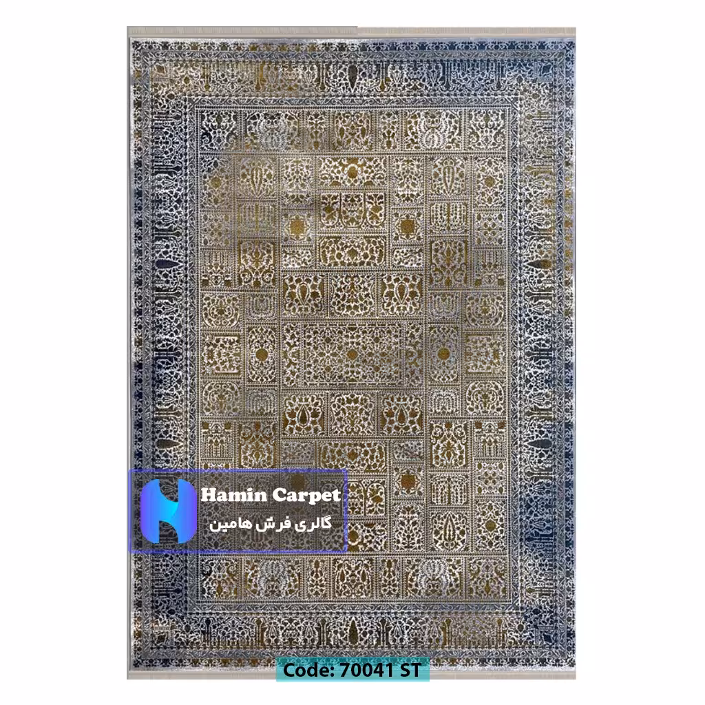 فرش 9 متری 700 شانه تراکم 2100 برجسته طرح وینتیج خشتی طلایی سرمه ای کد SZ70041ST