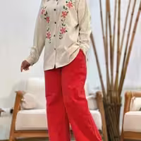 مانتو شلوار زنانه لنین مدل ست مانتو شلوار لنین اعلا شسته شده و گلدوزی شده پارمیس