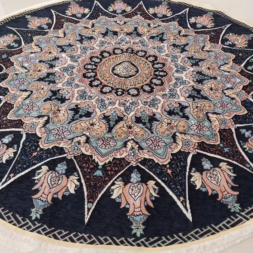 روفرشی مخمل زرکدار گرد طرح خورشیدی رنگ سرمه ای (قطر 1.5 متری)