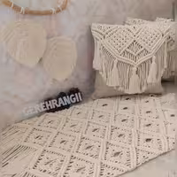 رومیزی مکرومه  40در100 مناسب میز جلو مبلی و یک جفت کاور کوسن  40در40 مخمل و مکرومه بدون بالشتک داخلی